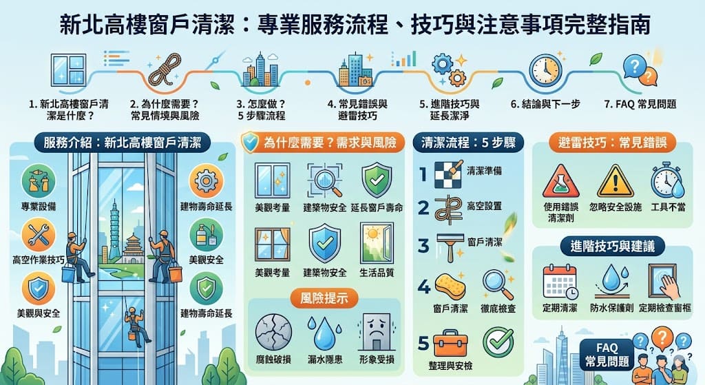 新北高樓窗戶清潔是保障建築物外觀和住戶舒適的關鍵服務。隨著高樓大廈數量增加，窗戶清潔需求也隨之上升。專業的高樓窗戶清潔不僅能提升大樓外觀的美感，還能延長窗戶的使用壽命，減少安全隱患。本文深入探討了新北高樓窗戶清潔的服務流程、技巧、常見錯誤及其風險管理，幫助業主選擇合適的清潔服務，維持窗戶的潔淨與安全。